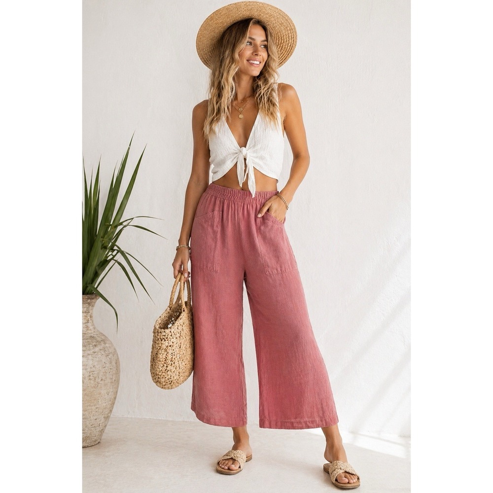 Joie Linen Wide Leg Pants Women Small Pink Elastic Waist Cropped Lounge Boho